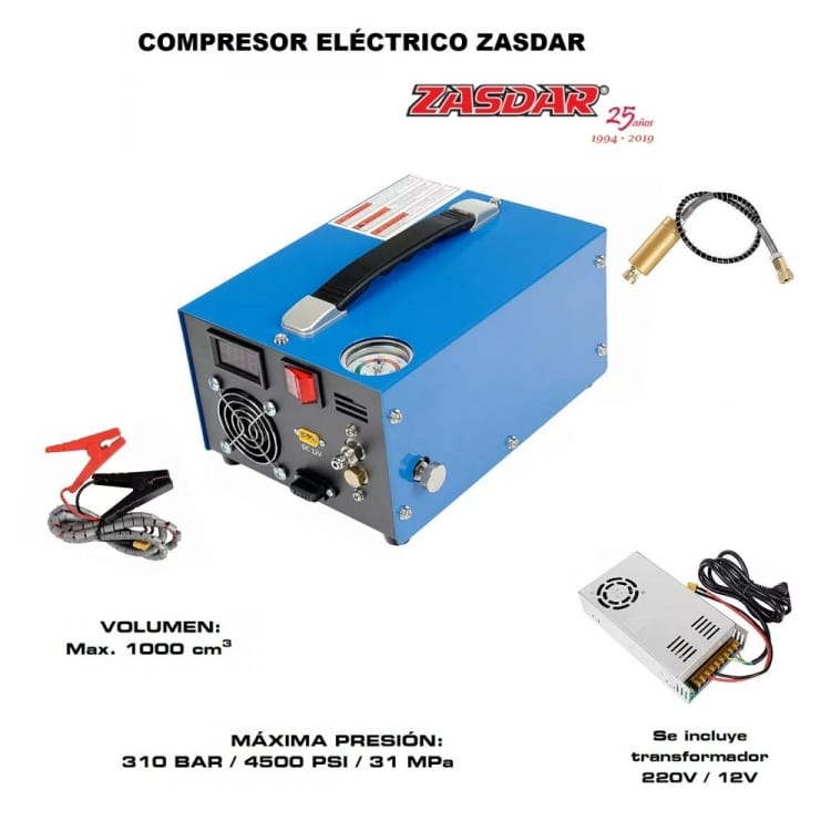 Compresor Eléctrico Zasdar 12v/220v Para Pcp 300 Bar. 1000cc. (4500psi/30mph)