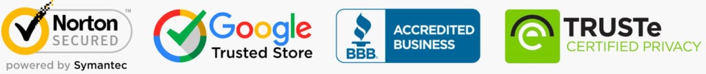 Tienda segura: Norton Secured · Google Trusted Store · BBB Accredited Business · TRUSTe Certified Privacy